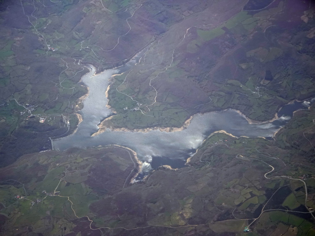 Encoro de Chandrexa de Queixa reservoir in Spain, viewed from the airplane from Eindhoven