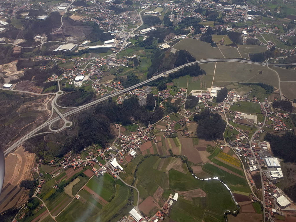 Junction of the A41 highway at the town of Gandra, viewed from the airplane from Eindhoven