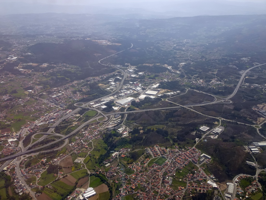 Junction of the A4 and A41 highways at the town of Gandra, viewed from the airplane from Eindhoven