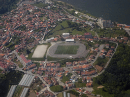 The Complexo Desportivo Municipal de Valbom stadium and the Douro river, viewed from the airplane from Eindhoven