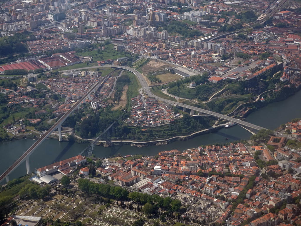 The Ponte de São João, Ponte de Dona Maria Pia and Ponte Infante Dom Henrique bridges over the Douro river, viewed from the airplane from Eindhoven