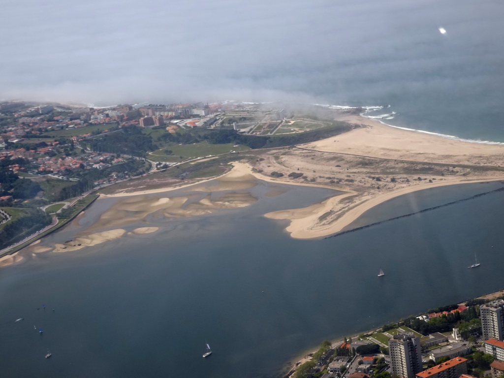 The Douro river, the Nature Reserve Douro Estuary Site and the Praia Cabedelo do Douro beach, viewed from the airplane from Eindhoven