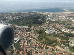 The west side of the city of Porto with the Parque da Cidade do Porto park and the Praia de Matosinhos beach, viewed from the airplane from Eindhoven