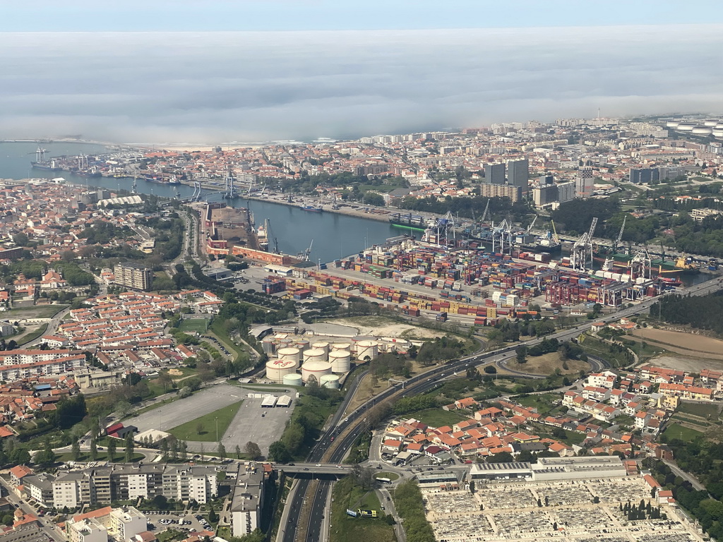 The harbour of the city of Matosinhos, viewed from the airplane from Eindhoven
