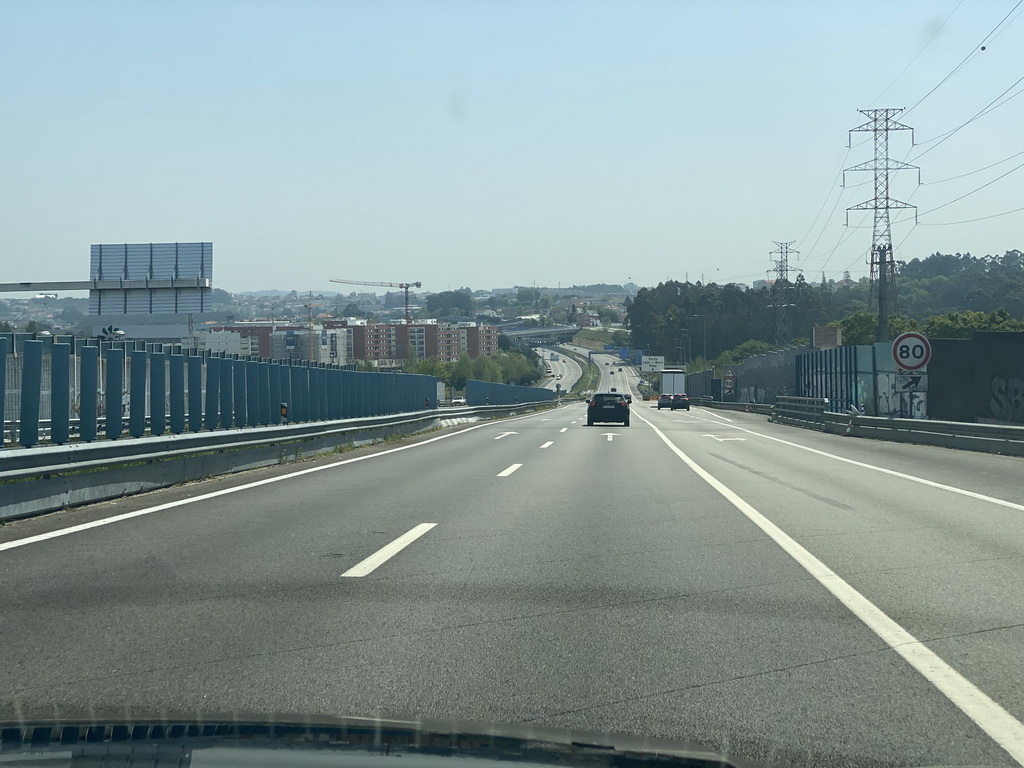 The E82 road near the town of Leça do Balio, viewed from the taxi from the Francisco Sá Carneiro Airport to the Hotel Vila Galé Porto