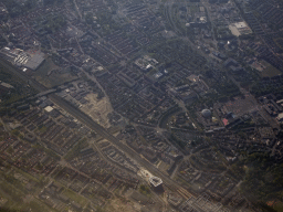 The city of Breda with the Mark river, the Chasséveld square and the Koepelgevangenis building, viewed from the airplane to Eindhoven