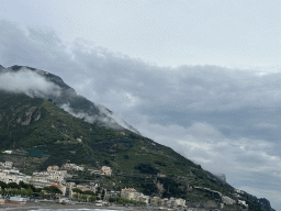 The Maiori Beach and the town center, viewed from the rental car on the Amalfi Drive