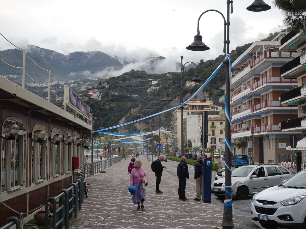 The promenade along the Maiori Beach and the town center, viewed from the parking lot of the Hotel Sole Splendid