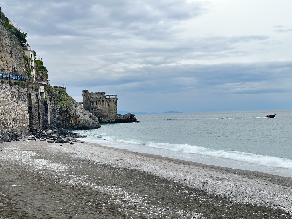 The Maiori Beach and the Torre Normanna tower, viewed from the parking lot of the Hotel Sole Splendid