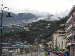 The promenade along the Maiori Beach, the Via Gaetano Capone street and the town center, viewed from the parking lot of the Hotel Sole Splendid