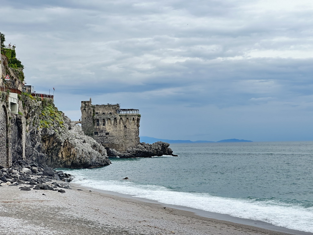 The Maiori Beach and the Torre Normanna tower, viewed from the parking lot of the Hotel Sole Splendid