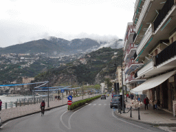 The promenade along the Maiori Beach, the Via Gaetano Capone street and the town center, viewed from the parking lot of the Hotel Sole Splendid