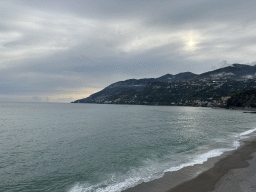The Maiori Beach and the Tyrrhenian Sea, viewed from a parking lot next to the Amalfi Drive on the east side of town