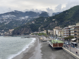 The Maiori Beach and the town center, viewed from a parking lot next to the Amalfi Drive on the east side of town