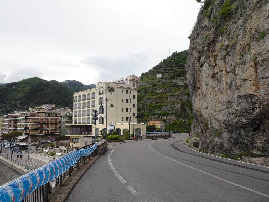 The Hotel Sole Splendid and other buildings in the town center, viewed from a parking lot next to the Amalfi Drive on the east side of town