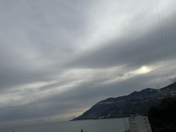 The town center and the Tyrrhenian Sea, viewed from the rental car on the Amalfi Drive