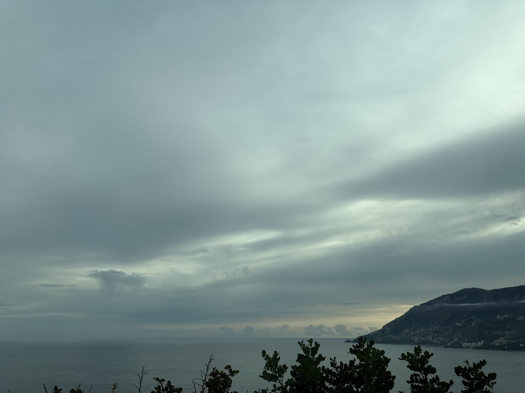 The town center and the Tyrrhenian Sea, viewed from the rental car on the Amalfi Drive