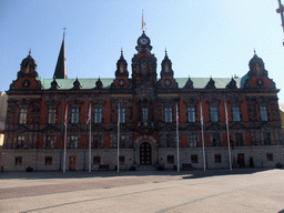 Malmö Town Hall (Rådhus) at Stortorget square, and the tower of Sankt Petri Kyrka church