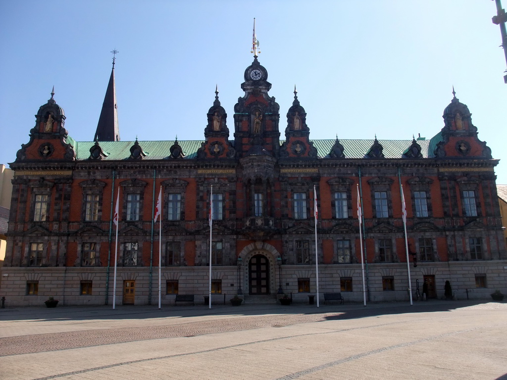 Malmö Town Hall (Rådhus) at Stortorget square, and the tower of Sankt Petri Kyrka church