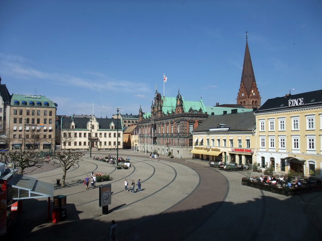 Stortorget square with Malmö Town Hall and the tower of the Sankt Petri Kyrka church, viewed from Bolia store