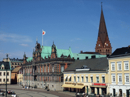 Malmö Town Hall and the tower of the Sankt Petri Kyrka church, viewed from Bolia store