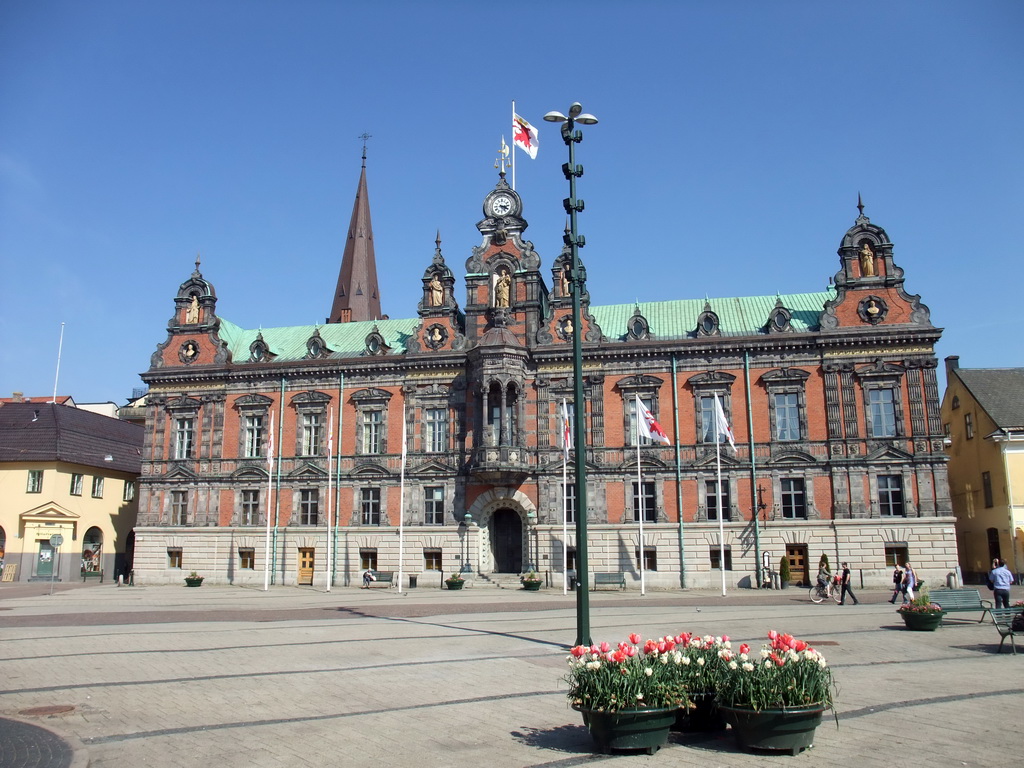 Malmö Town Hall at Stortorget square, and the tower of Sankt Petri Kyrka church