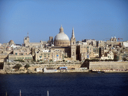 Marsamxett Harbour and Valletta with the dome of the Carmelite Church and the tower of St Paul`s Pro-Cathedral, viewed from the breakfast room of the Marina Hotel