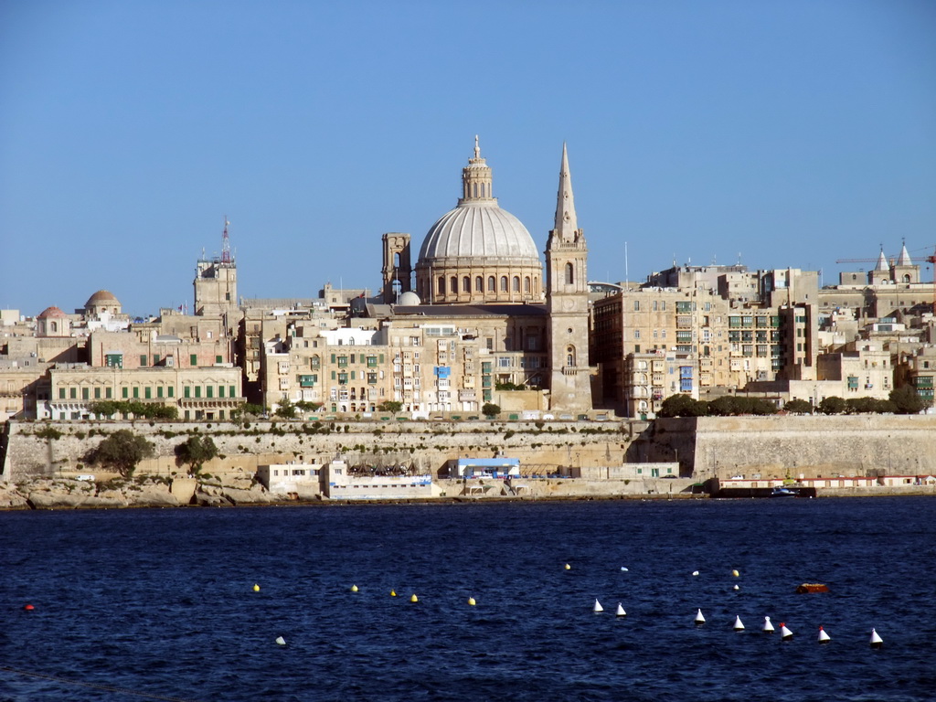 Marsamxett Harbour and Valletta with the dome of the Carmelite Church and the tower of St Paul`s Pro-Cathedral