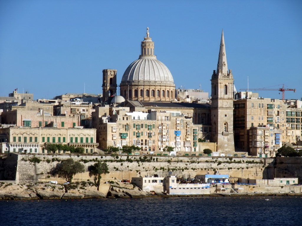 Marsamxett Harbour and Valletta with the dome of the Carmelite Church and the tower of St Paul`s Pro-Cathedral