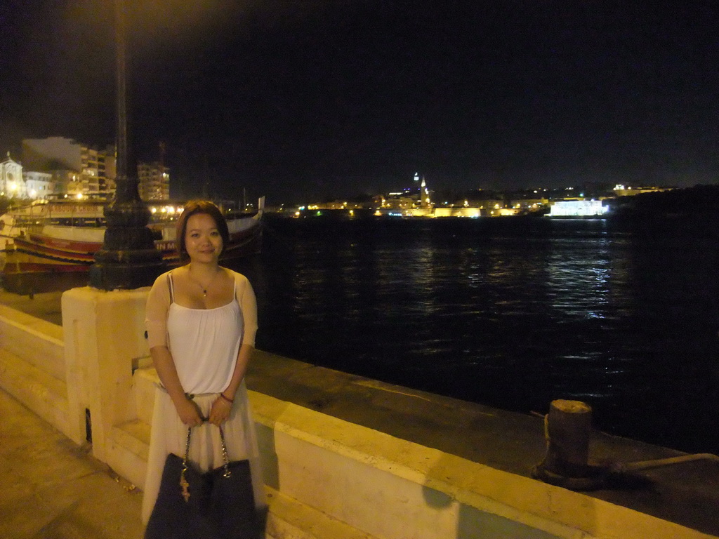 Miaomiao with boats in Marsamxett Harbour and Valletta with the dome of the Carmelite Church and the tower of St Paul`s Pro-Cathedral, by night