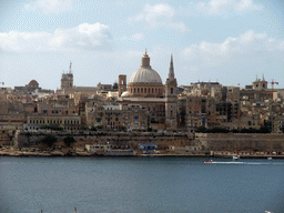 Marsamxett Harbour and Valletta with the dome of the Carmelite Church and the tower of St Paul`s Pro-Cathedral, viewed from the roof terrace of the Marina Hotel