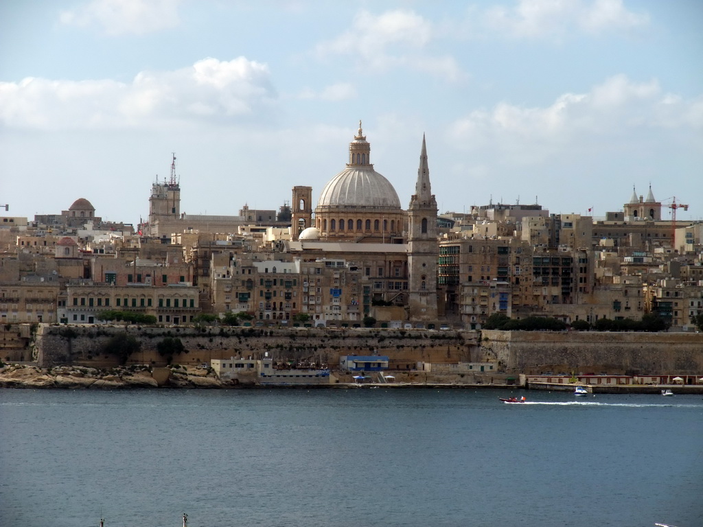 Marsamxett Harbour and Valletta with the dome of the Carmelite Church and the tower of St Paul`s Pro-Cathedral, viewed from the roof terrace of the Marina Hotel