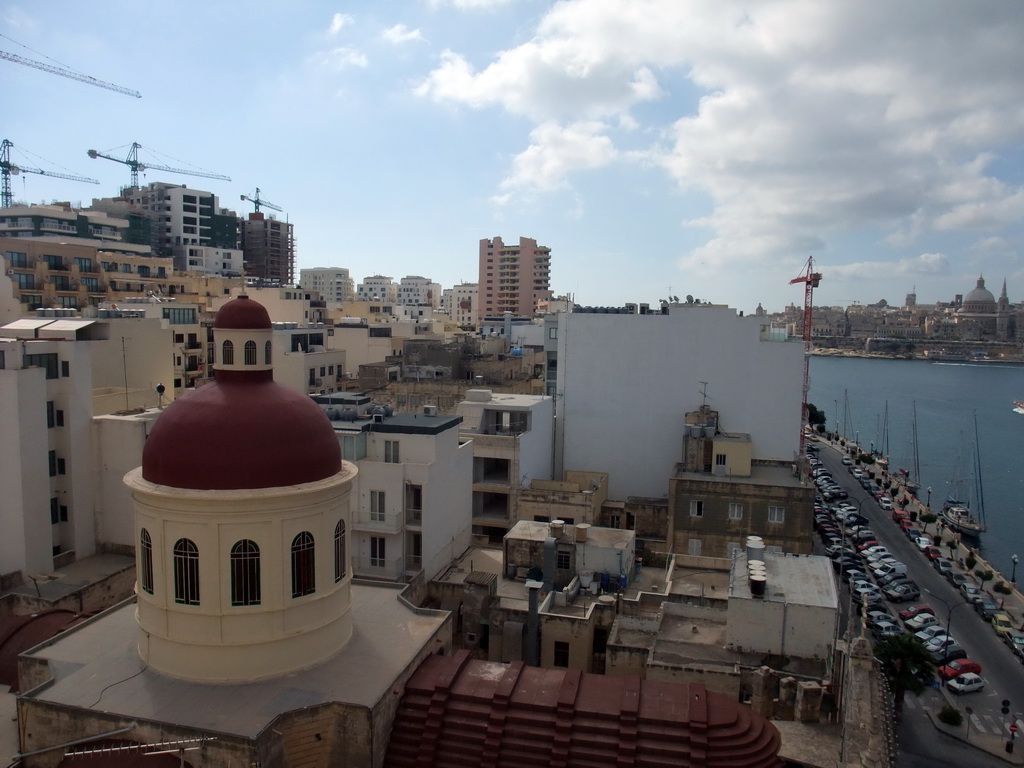 The Parish Church of Jesus of Nazareth, Marsamxett Harbour and Valletta with the dome of the Carmelite Church and the tower of St Paul`s Pro-Cathedral, viewed from the roof terrace of the Marina Hotel