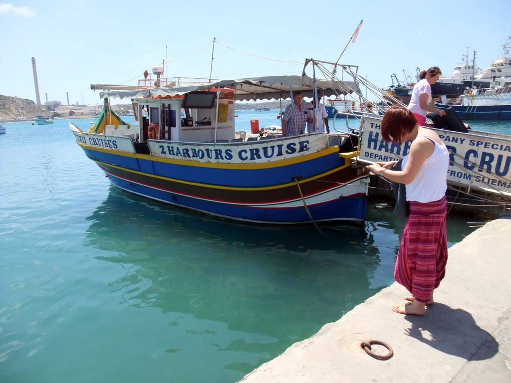 Miaomiao with our Luzzu Cruises tour boat, at the harbour of Marsaxlokk