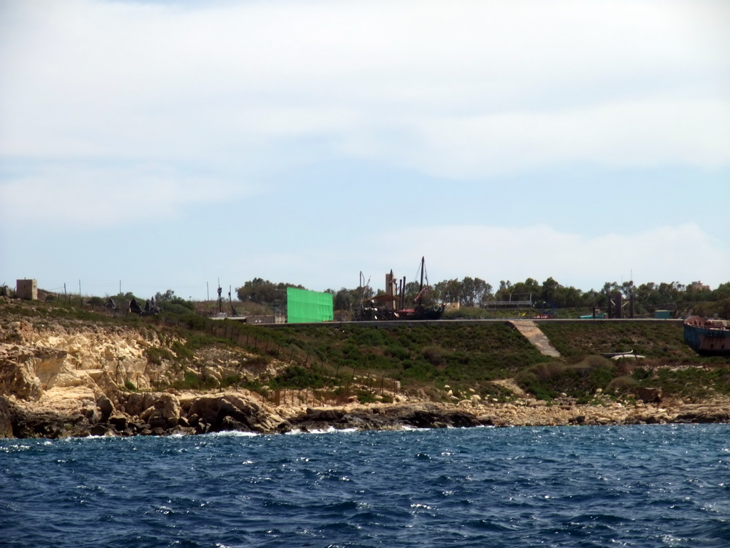 Old ship at the Mediterranean Film Studios in Rinella, viewed from the Luzzu Cruises tour boat from Marsaxlokk to Sliema