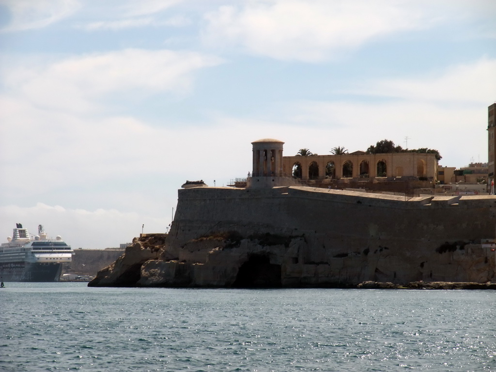 The Grand Harbour and Valletta with the Siege Bell Monument and the Lower Barracca Gardens, viewed from the Luzzu Cruises tour boat from Marsaxlokk to Sliema