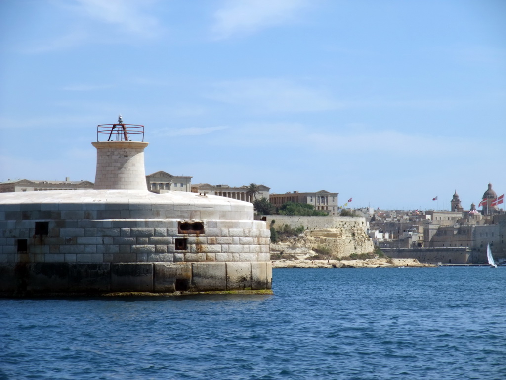 The Grand Harbour with the pier at Fort Ricasoli and the Three Cities, viewed from the Luzzu Cruises tour boat from Marsaxlokk to Sliema