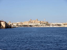 The town Pietà with the Gwardamangia hill and St. Luke`s Hospital (Sptar San Luqa), viewed from the ferry from Sliema to Valletta