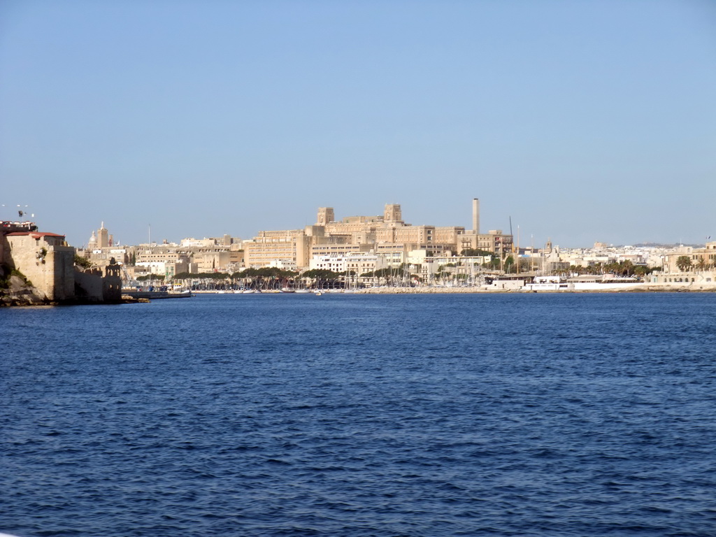 The town Pietà with the Gwardamangia hill and St. Luke`s Hospital (Sptar San Luqa), viewed from the ferry from Sliema to Valletta