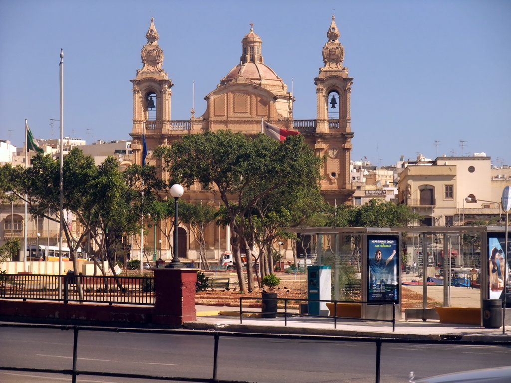 The Msida Parish Church at Msida, viewed from the bus from Valletta to Sliema