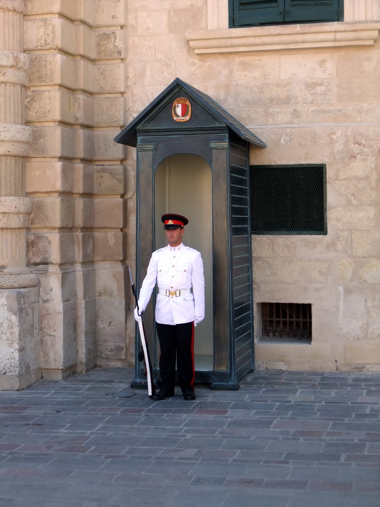 Guard at guard house at the front of the Grandmaster`s Palace at Palace Square at Valletta