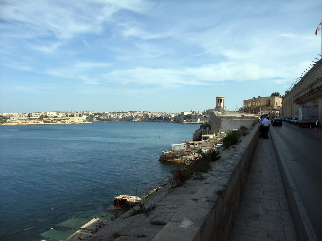 The Grand Harbour, Villa Bighi at the town of Kalkara, the Siege Bell Monument, the Lower Barracca Gardens and Fort St. Angelo, viewed from the Mediterranean Street at Valletta