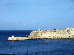 The Grand Harbour and the pier at Fort Ricasoli, viewed from the Mediterranean Street at Valletta
