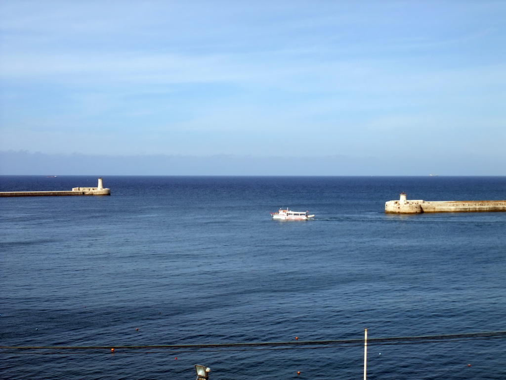 The Grand Harbour with the pier at Fort Saint Elmo and the pier at Fort Ricasoli, viewed from the Mediterranean Street at Valletta