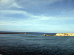 The Grand Harbour with the pier at Fort Saint Elmo and the pier at Fort Ricasoli, viewed from the Siege Bell Monument at Valletta