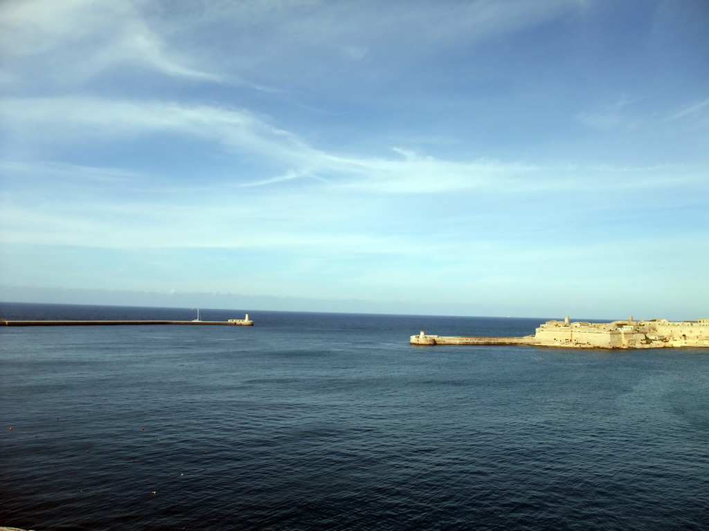 The Grand Harbour with the pier at Fort Saint Elmo and the pier at Fort Ricasoli, viewed from the Siege Bell Monument at Valletta