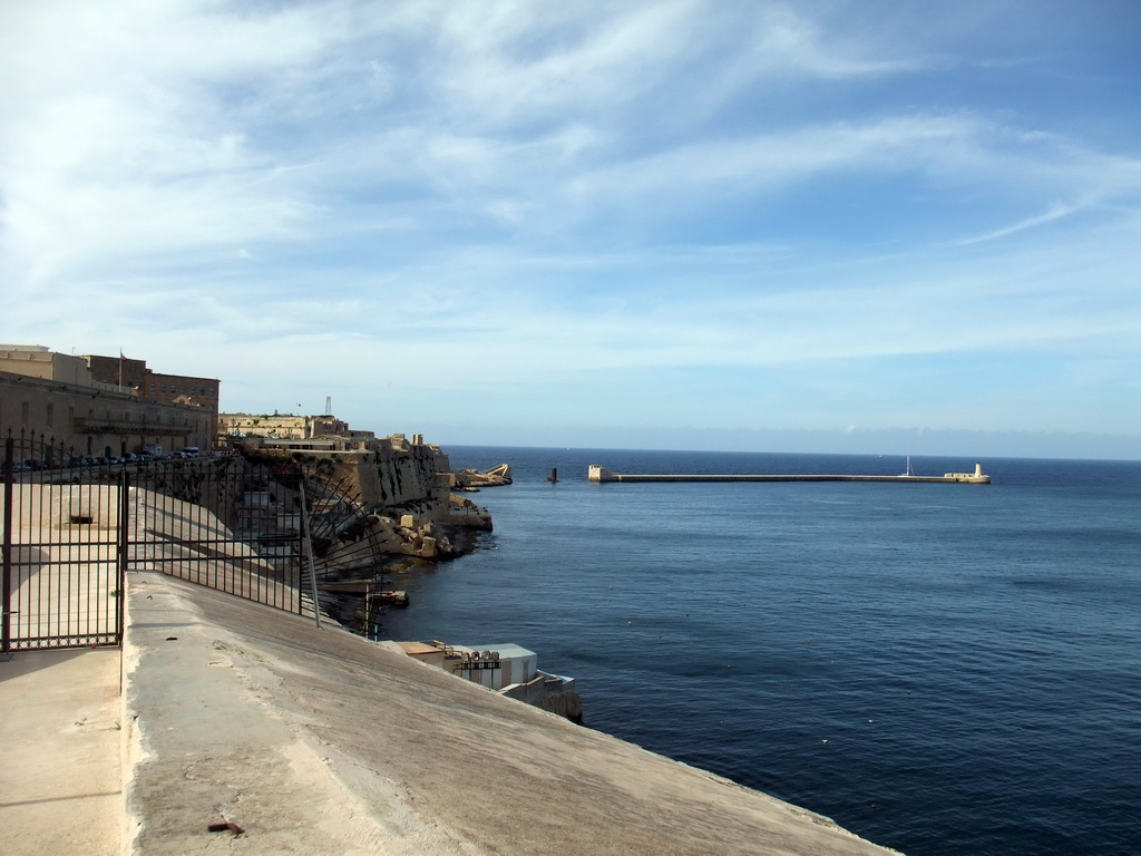 The Grand Harbour, Mediterranean Street, Saint Elmo Bastions and the pier at Fort Saint Elmo, viewed from the Siege Bell Monument at Valletta