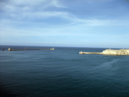 The Grand Harbour with the pier at Fort Saint Elmo and the pier at Fort Ricasoli, viewed from the Siege Bell Monument at Valletta