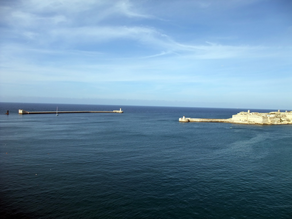 The Grand Harbour with the pier at Fort Saint Elmo and the pier at Fort Ricasoli, viewed from the Siege Bell Monument at Valletta