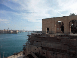 The Grand Harbour, Fort St. Angelo, the town of Senglea and the Lower Barracca Gardens, viewed from the Siege Bell Monument at Valletta